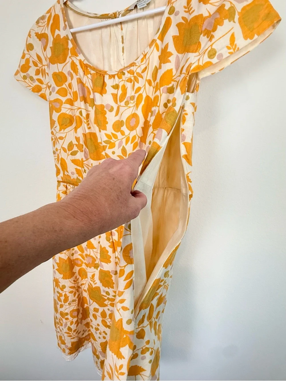 Boden Yellow Floral Print Linen Dress Lace Trim Hem Short Sleeve Fit & Flare 12R